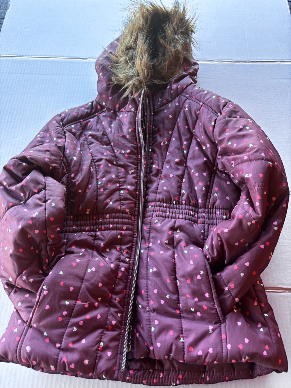Rothschild Burgundy Puffer Jacket with Pink & White Heart Print